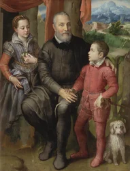 Porträtt av konstnärens familj, Minerva (syster), Amilcare (far) och Asdrubale (bror), 1559